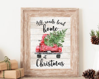 Red Christmas Truck, Christmas Wall Art, Christmas Wall Decor, Holiday Wall Art, All Roads Lead Home at Christmas, Christmas Sign