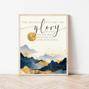 Boho Bible Verse Wall Art, Psalm 19:1 Printable, Modern Scripture Sign, Mountain Bible Print, Boho Christian Decor, The Heavens Declare