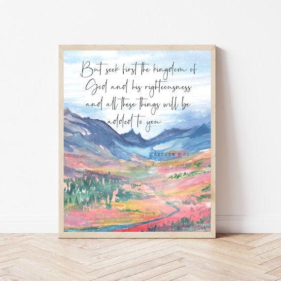 Matthew 6:33, Seek First The Kingdom Of God, Christian Nursery Sign, Bible Verse Poster, Christian Mountain Wall Art,Nursery Scripture Print
