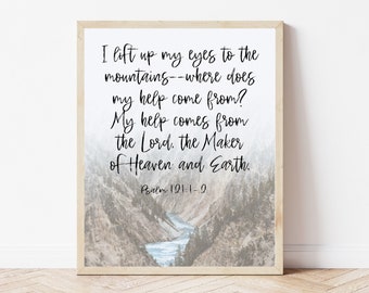 Psalm 121, Ik hef mijn ogen naar de berg, Bijbel vers kunst aan de muur digitaal, Schrift muur decor, berg christelijk teken, bijbel citaat tekens