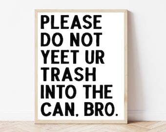 May include: A framed print with the text "PLEASE DO NOT YEET UR TRASH INTO THE CAN, BRO." in black bold letters on a white background.