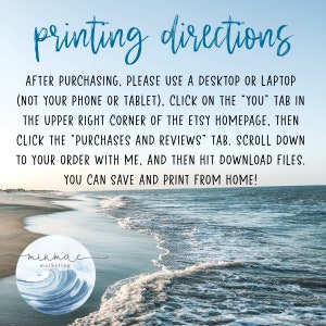 Puede incluir: Texto sobre un fondo azul y blanco con una escena de playa. El texto dice: "printing directions" y proporciona instrucciones sobre c&oacute;mo descargar archivos digitales de Etsy. El texto tambi&eacute;n incluye el logotipo "minmac marketing" con un dise&ntilde;o de onda.