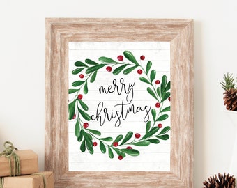 Impressões de arte de parede de Natal, sinal de feliz Natal, decoração de parede de Natal de fazenda, impressão de férias, sala de aula de Natal, decoração de manto de Natal