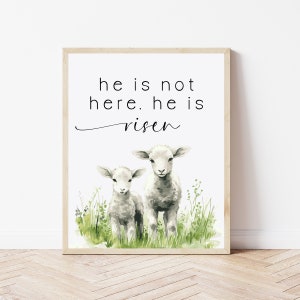 Puede incluir: Una impresión enmarcada con una ilustración de acuarela de dos corderos blancos en un campo de hierba verde. El texto "he is not here. he is risen" está impreso en negro sobre los corderos.
