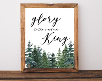 Christelijke kerstmuurkunst, glorie aan de pasgeboren koning, christelijke schooldecor, religieuze mantel, vakantie christelijk teken, Jezus prints
