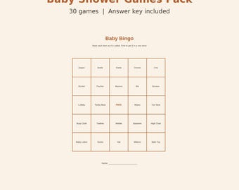 May include: A Baby Shower Games Pack printable featuring a Baby Bingo card with a five-by-five grid. The text includes Baby Shower Games Pack, 30 games, Answer key included, Baby Bingo, and CubCozyCrafts | Instant Download.