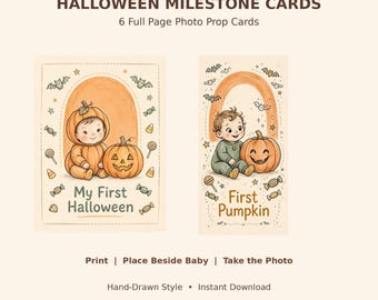 May include: Halloween milestone cards featuring six full-page photo prop cards. One card shows a baby in a pumpkin costume with the text My First Halloween. Another card shows a baby with a pumpkin and the text First Pumpkin. Includes bats, candy, and stars.