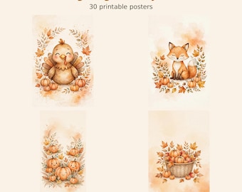 May include: Thanksgiving Nursery Wall Art 30 printable posters. Four watercolor-style illustrations featuring a turkey, a fox, smiling pumpkins, and a basket of pumpkins surrounded by autumn leaves. Text reads CubCozyCrafts Instant Download.