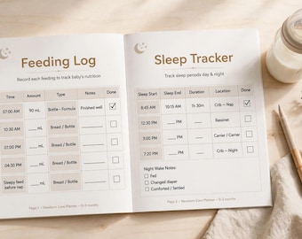 May include: An open newborn care planner with two pages titled Feeding Log and Sleep Tracker. The log includes columns for time, amount in mL, type, notes, and checkboxes. The tracker includes columns for sleep start, end, duration, and location.
