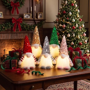 Lighted Sequin Christmas Gnome Figurine, Glowing Holiday Table Decor, Cozy Xmas Night Light, Christmas Gift for Mom Wife Sister