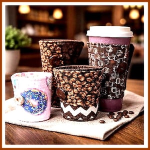 May include: An assortment of coffee cup cozies and a travel mug. The cozies feature various designs, including coffee bean patterns, a white chevron pattern, and a pink cozy with a donut design. The travel mug is purple with a white lid.