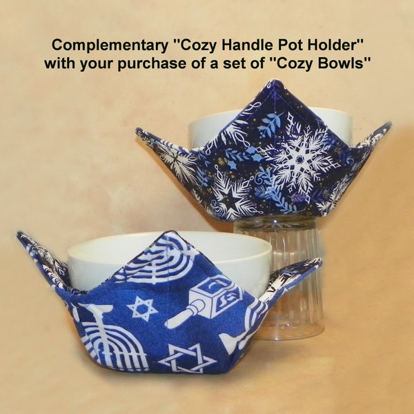 Hanukkah Cozy Bowls, Dreidel, Menorah and Snowflakes, Complimentary Cozy Handle Pot Holder with your purchase