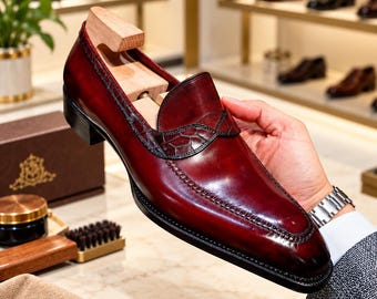 Handmade Men's Burgundy Penny Loafers | Exotic Trim Leather Dress Shoes | Slip-On Formal Footwear