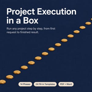 May include: A dark blue graphic featuring the white text Project Execution in a Box and Run any project step by step, from first request to finished result. A diagonal line of small gold circles crosses the image with three labels below.