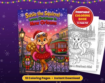 Peut inclure: Un livre de coloriage imprimable intitulé Susie the Squirrel Loves Christmas in New Orleans, montrant un écureuil avec un bonnet de Noël, une jupe rouge et des lunettes en étoile, un tramway et des décorations. PDF de 12 pages et 10 coloriages.