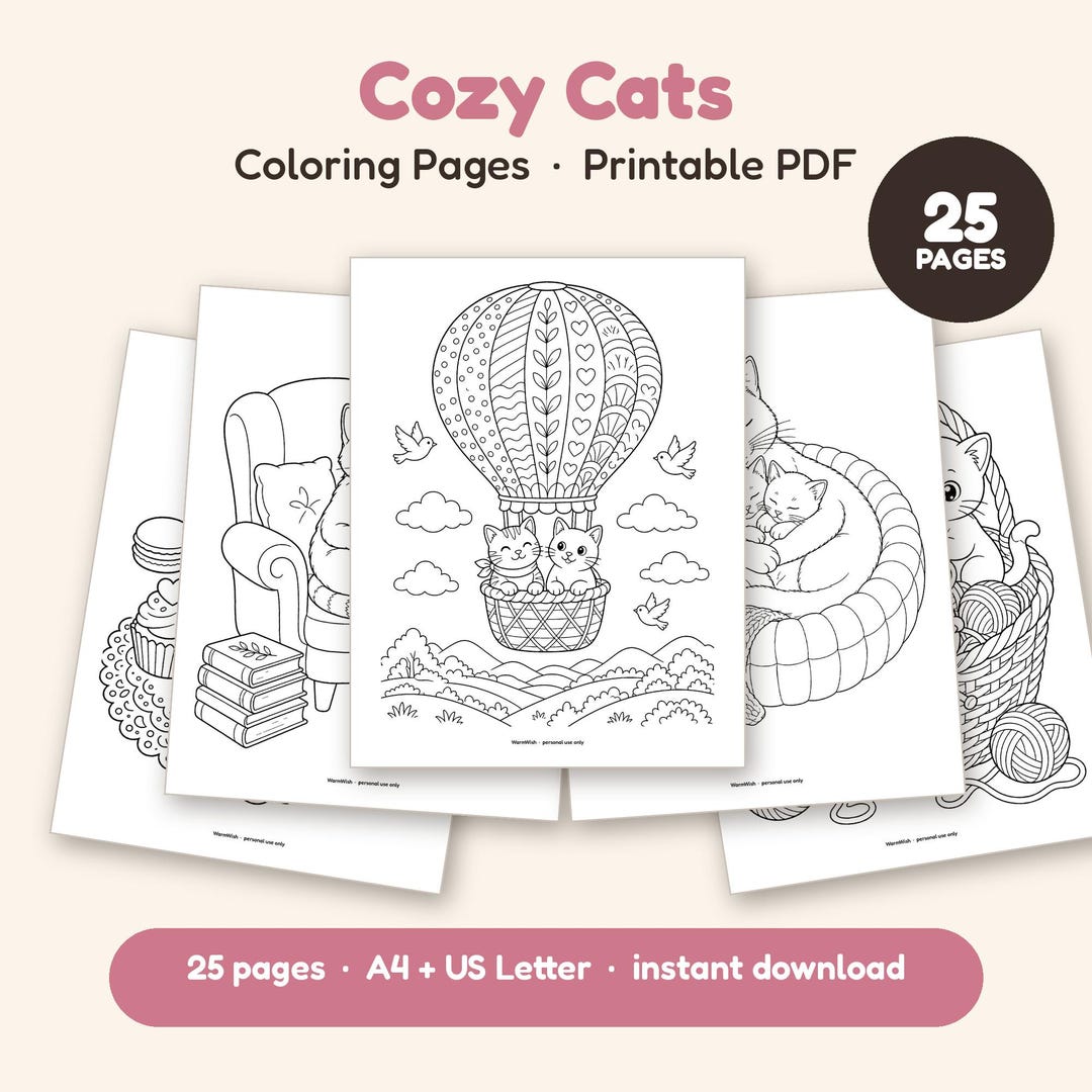 Cat Coloring Pages, 25 Printable Cozy Kitten Sheets PDF for Adults ...