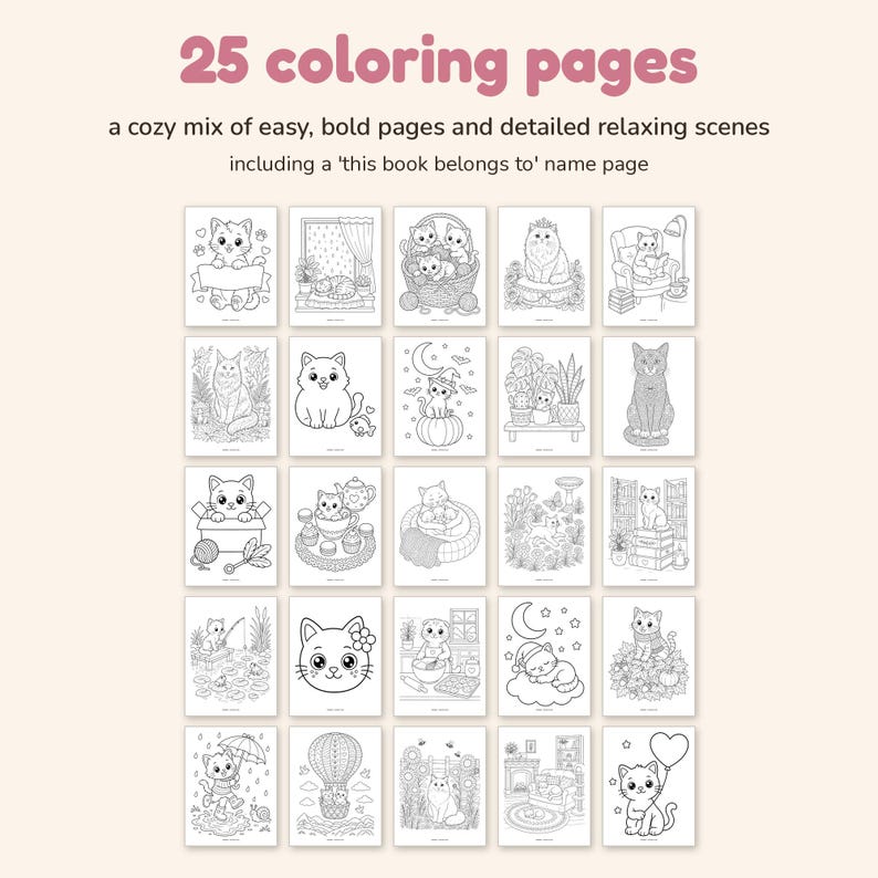 Cat Coloring Pages, 25 Printable Cozy Kitten Sheets PDF for Adults ...