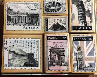 Wood mounted rubber stamps set world postage stamps set, international postage stamp set, scrapbooking rubber postage stamps design stamps