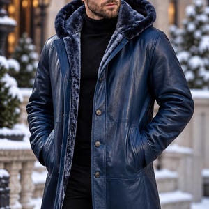 Men’s Navy Blue Hooded Long Coat, Button Front Winter Overcoat, Classic Shearling Style Outerwear, SHAKFIT LEATHER CO