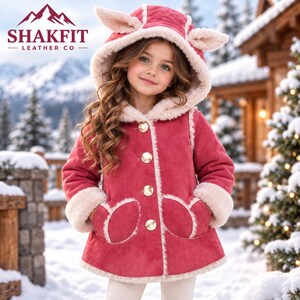 Kids Gray Hooded Winter Coat, Cute Ear Design Jacket for Boys and Girls, Button Front Outerwear, Cozy Winter Gift
