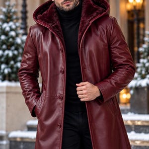 Men's Burgundy Hooded Long Coat, Classic Button Front Winter Outerwear, Elegant Maroon Coat, SHAKFIT LEATHER CO