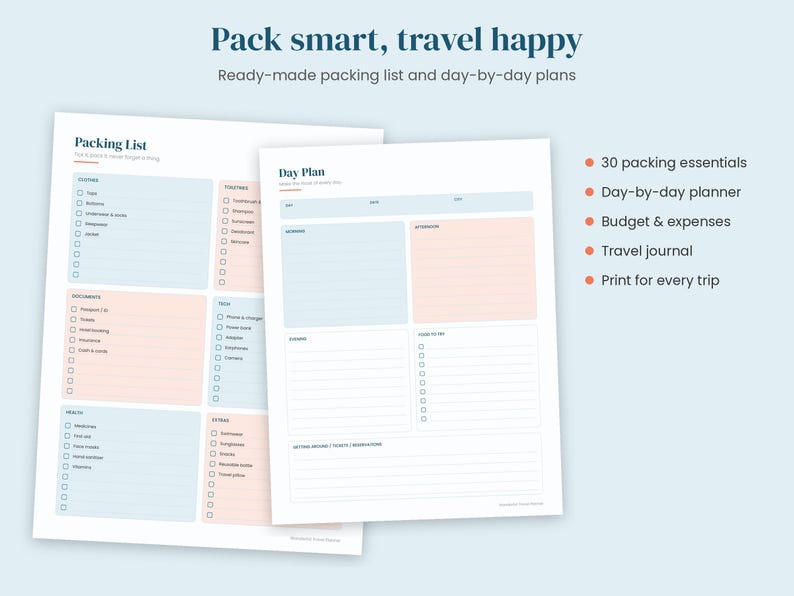 Packing List Printable Travel Planner Printable, Packing List, Trip Itinerary, Vacation ...