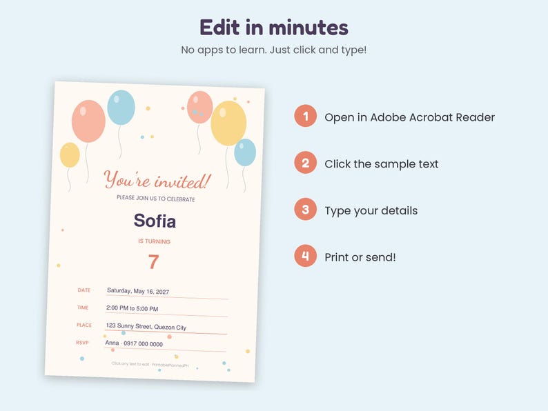 Party Invite Sample Note Editable Birthday Invitation Template, Kids Birthday Invite, Balloon ...