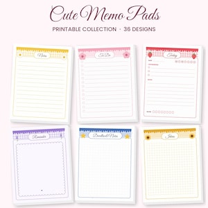 May include: A collection of six printable memo pads featuring the text Cute Memo Pads Printable Collection 36 Designs. Each pad has a unique color scheme, including yellow, pink, red, purple, blue, and orange, with various layouts like lines, dots, and grids.