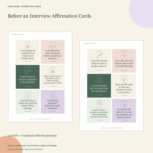 Può includere: Due fogli di carte di affermazione Before an Interview di Lumi Adams, con 12 carte quadrate con testo e icone a linee. Le carte sono nei toni del crema, rosa, verde e lavanda, ognuna contenente una dichiarazione di affermazione unica.