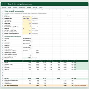 Seifenlauge-Rechner (Tabellenkalkulation): Rezeptbibliothek, Chargenprotokoll & Kosten pro Seife