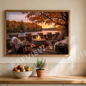 Autumn Sunset Art: Jazz Castle Lake Fire Pit Scene (Digital Download)