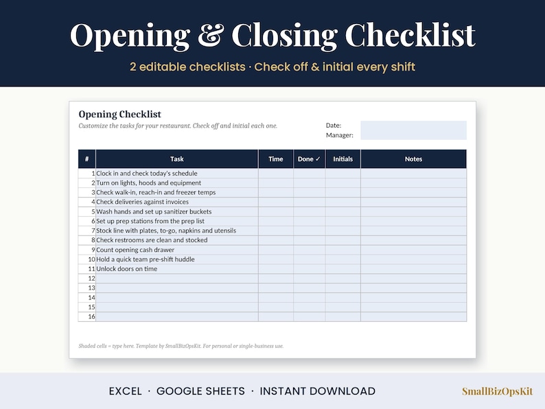 Example Kitchen Task Sheet Restaurant Opening and Closing Checklist, Editable Kitchen Checklist ...