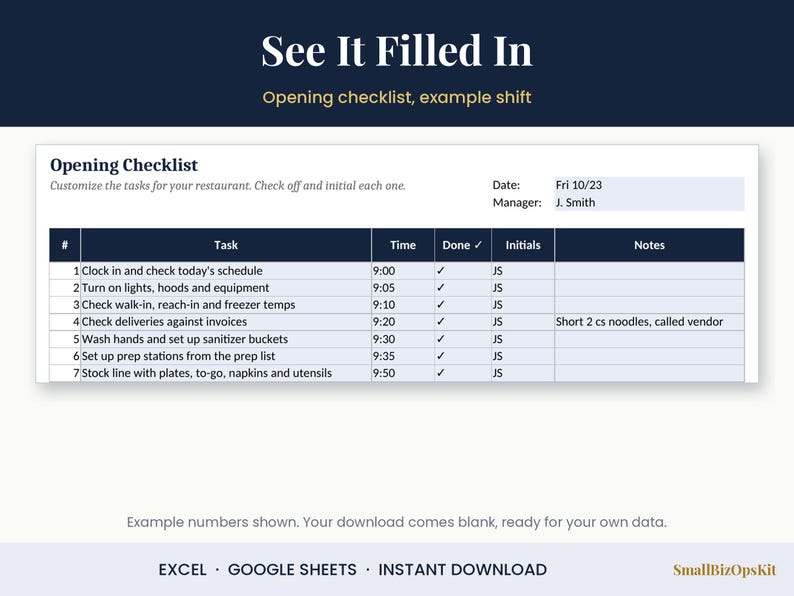 Example Kitchen Task Sheet Restaurant Opening and Closing Checklist, Editable Kitchen Checklist ...