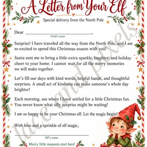 May include: A printable letter template titled A Letter from Your Elf with a red and green Christmas border featuring holly, berries, and bows. The text includes a message from an elf, and the bottom right corner shows a cartoon elf in a red hat.