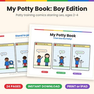 May include: A digital potty training book titled My Potty Book: Boy Edition featuring illustrated comics starring a character named Leo. The pages show step-by-step sequences for using the toilet, including text bubbles and instructions for children ages 2-4.