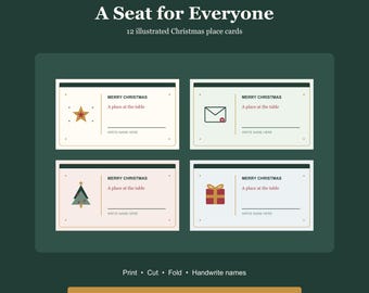 May include: A set of 12 illustrated Christmas place cards titled The Christmas Post Collection: A Seat for Everyone. Each card features the text Merry Christmas, A place at the table, and a line to write names, with icons of a star, envelope, tree, or gift.