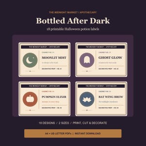 May include: A set of 18 printable Halloween potion labels titled Bottled After Dark. The labels feature designs like Moonlit Mist, Ghost Glow, Pumpkin Elixir, and Bat Wing Brew with icons, text, and decorative borders. Includes A4 and US Letter PDFs.