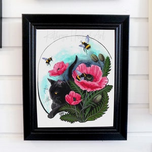 Watercolor Poppies Cat Art Print 8x10 - Frame Not Included