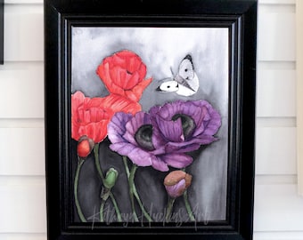 Watercolor Poppies Butterfly Art Print 8x10 - Frame Not Included