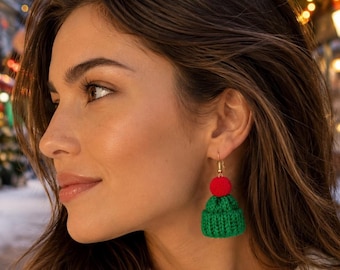 Green Christmas Knit Hat Earrings with Red Pom Poms, Mini Beanie Dangle Earrings, Festive Fashion Jewelry