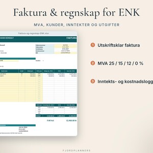 Excel-maler på norsk 2027: Husholdningsbudsjett, Gjeldsfri-plan og Faktura for ENK, Regneark for Excel og Google image 4
