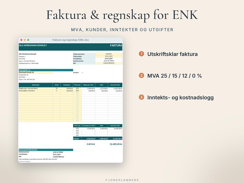 Excel-maler på norsk 2027: Husholdningsbudsjett, Gjeldsfri-plan og Faktura for ENK, Regneark for Excel og Google image 4