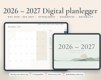 Digital planerar nov 2026 till des 2027 på norsk, GoodNotes-planerare, iPad med ukenummer, hyperlenket