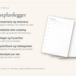 Matplanlegger på norsk, Ukesmeny og handleliste, Månedsmeny, Matbudsjett, Oppskriftsark, A4 PDF til utskrift image 4