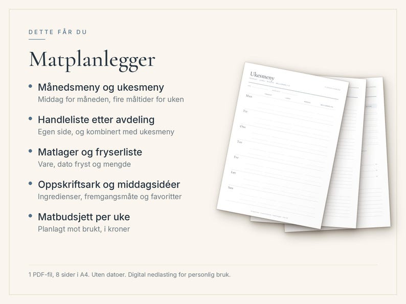 Matplanlegger på norsk, Ukesmeny og handleliste, Månedsmeny, Matbudsjett, Oppskriftsark, A4 PDF til utskrift image 4