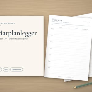 Matplanlegger på norsk, Ukesmeny og handleliste, Månedsmeny, Matbudsjett, Oppskriftsark, A4 PDF til utskrift image 1