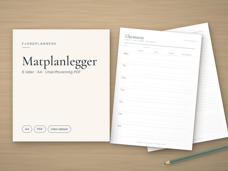 Matplanlegger på norsk, Ukesmeny og handleliste, Månedsmeny, Matbudsjett, Oppskriftsark, A4 PDF til utskrift image 1