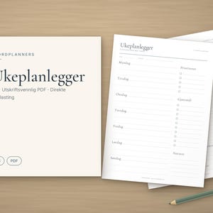 Plano de planejamento para escrita, Ukeplan PDF A4, Ukeoversikt med prioriteter e gjøremål, Planner norsk, Minimalistisk ukeplan imagem 1