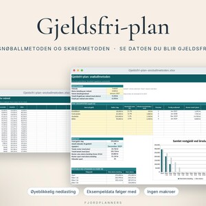 Nedbetalingsplan för aktuell Excel, Gjeldsfri-plan med snöballmetoden och skredmetoden, Gjeldskalkulator på norska bild 1