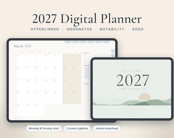 Digital planerare för GoodNotes och iPad 2027, hyperlänkad veckoplanerare, daglig månadsplanerare, minimalistisk nordisk stil